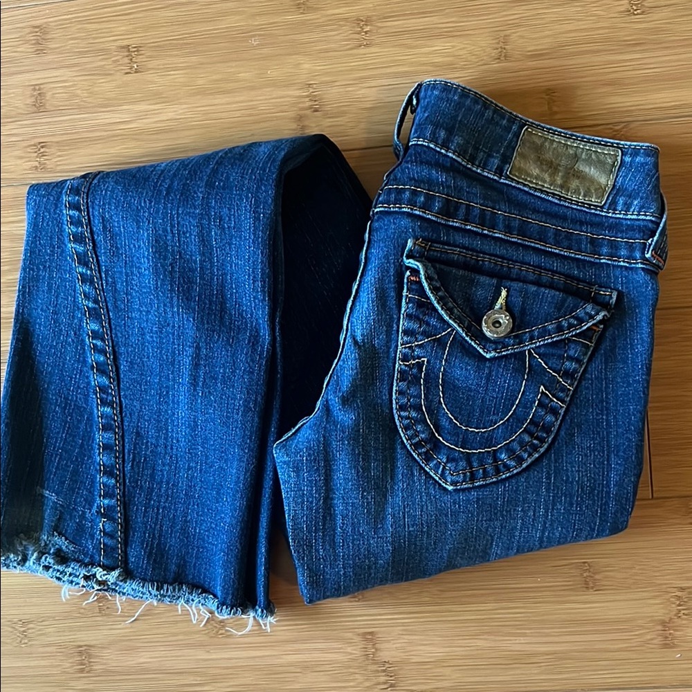 True Religion Blue Straight Boot Cut Jeans with Signature Stitching